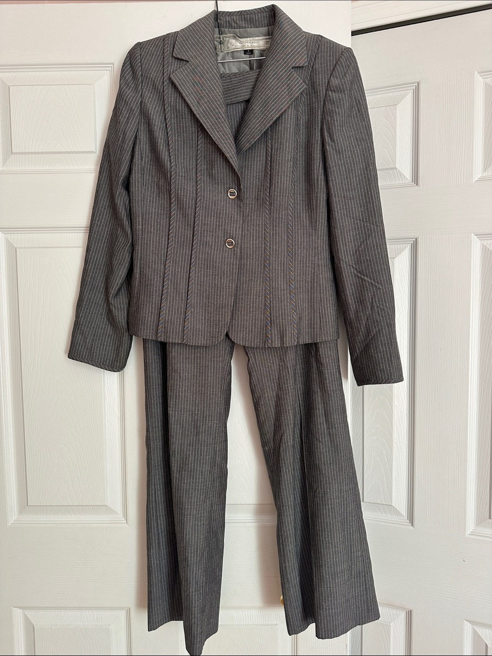 Women's Gray Pinstripe Pantsuit - Classic Two-Piece Set